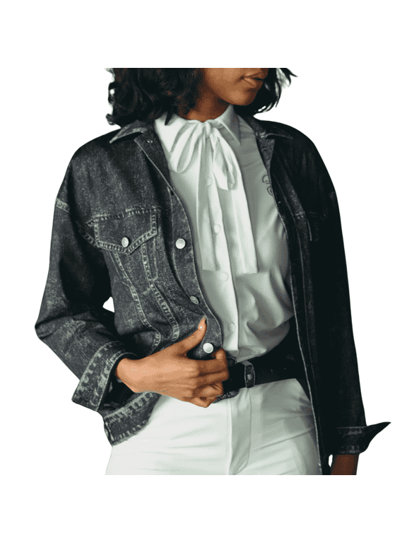 Black Denim Jacket Long-Sleeve Printed Denim Athleisure Black for Women
