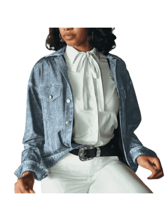 Women's Long-Sleeve Printed Denim Jacket, Blue Wash