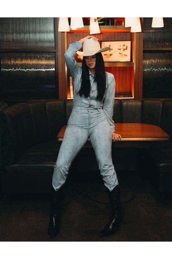 Long-Sleeve Printed Denim Athleisure Blue, Denim Jumpsuit (Women's)