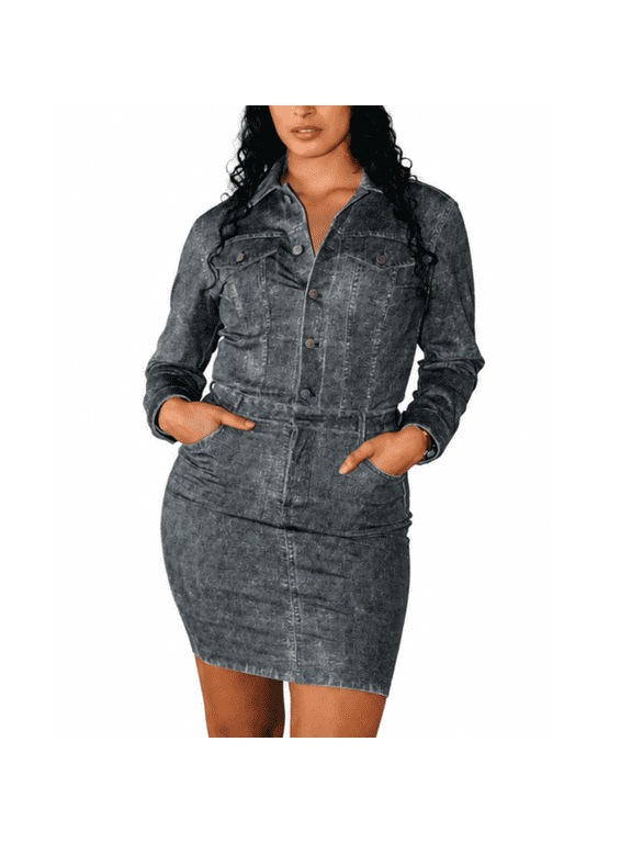 Long-Sleeve Printed Denim Athleisure Blue, Denim Midi Dress For Women's