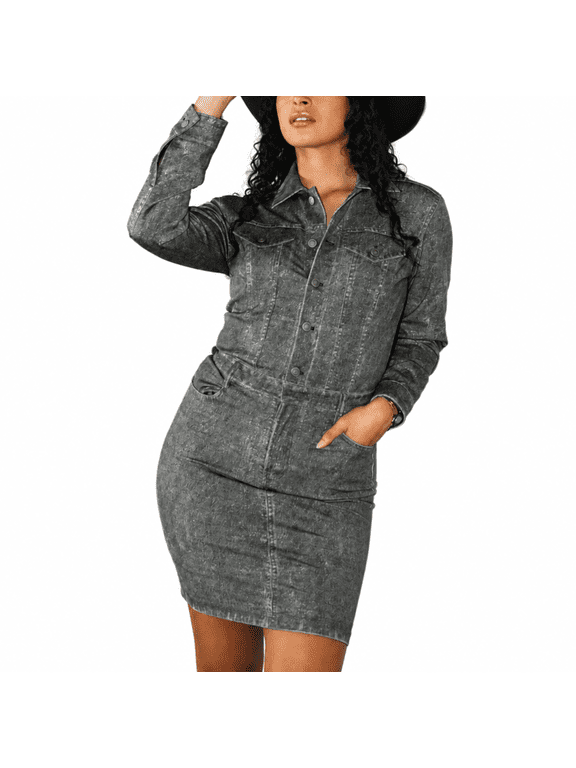 Long-Sleeve Printed Denim Athleisure Green, Denim Midi Dress For Women's