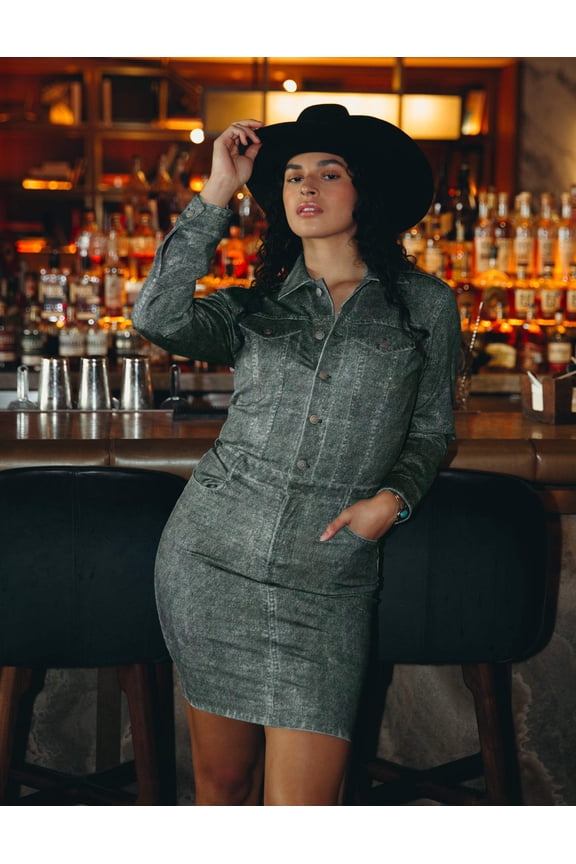 Long-Sleeve Printed Denim Athleisure Green, Denim Midi Dress (Women's)