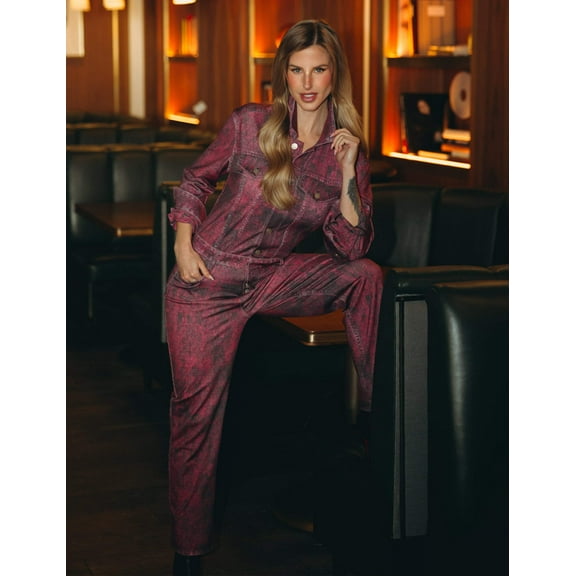 Mrs Momma Bear Long-Sleeve Printed Denim Athleisure Red Wash, Denim Jumpsuit (Women's)