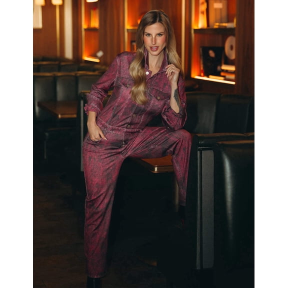 Mrs Momma Bear Long-Sleeve Printed Denim Athleisure Red Wash, Denim Jumpsuit (Women's)