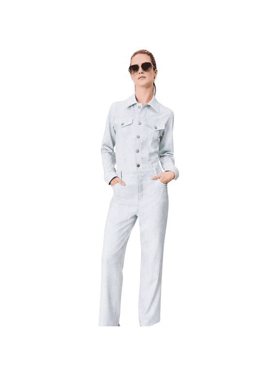 Women's White Denim Jumpsuit - Long-Sleeve Printed Denim Athleisure Jumpsuit