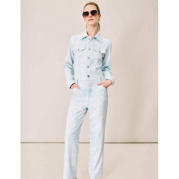 Mrs Momma Bear Long-Sleeve Printed Denim Athleisure White Acid Wash, Denim Jumpsuit (Women's)