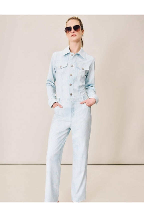 Long-Sleeve Printed Denim Athleisure White Acid Wash, Denim Jumpsuit (Women's)