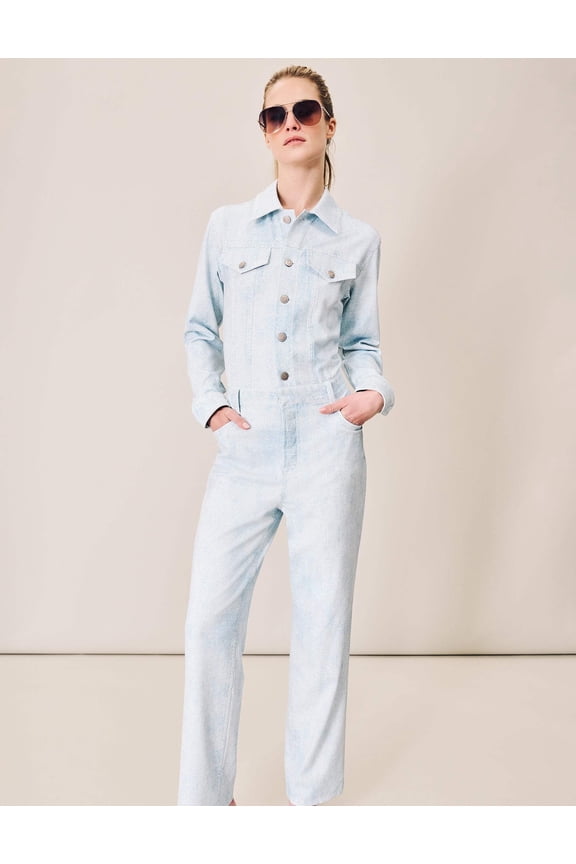 Long-Sleeve Printed Denim Athleisure White Acid Wash, Denim Jumpsuit (Women's)