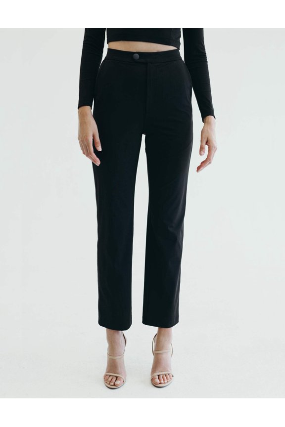 Women's Black Straight Pants, Leg Button-up Athleisure Tea Time Pant