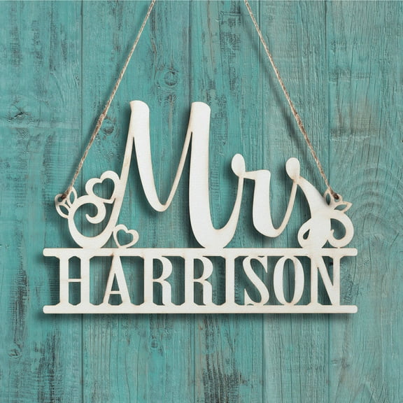 Mrs. Personalized Hanging Antique White Wood Plaque - Bride