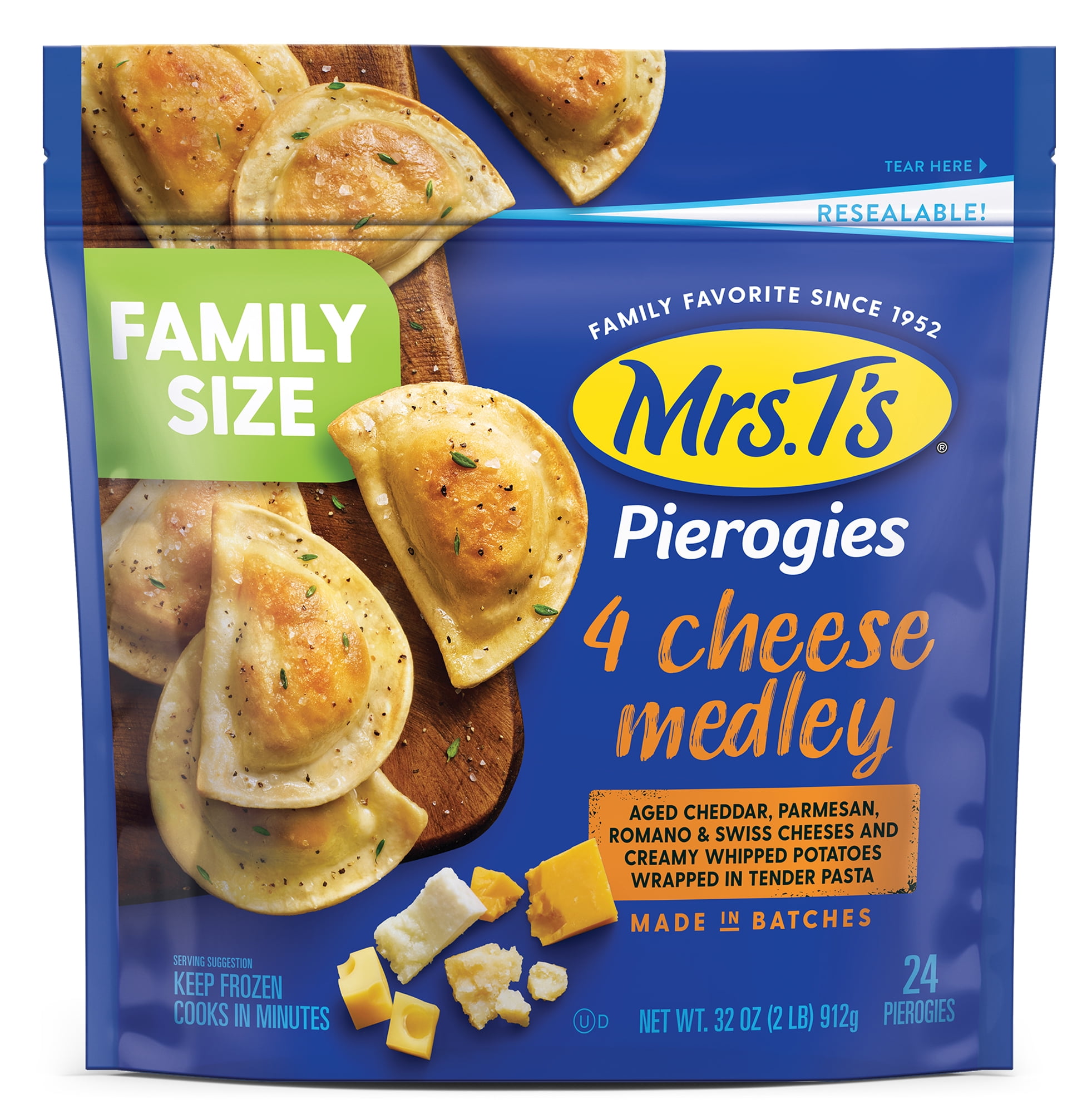 Mrs. T's Pierogies 4 Cheese Medley, 24 Count, 32.0oz Resealable Bag (Frozen)