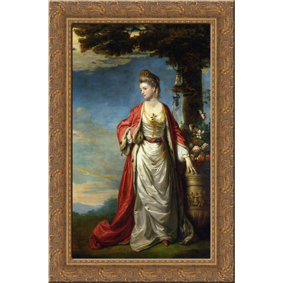 Mrs. Trecothick, Full Length, in Turkish Masquerade Dress, Beside an Urn of Flowers, in a Landscape 18x24 Gold Ornate Wood Framed Canvas Art by Reynolds, Joshua