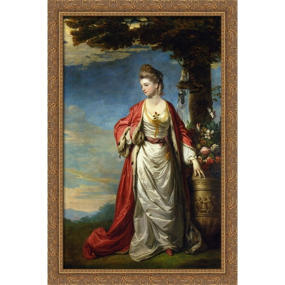 Mrs. Trecothick, Full Length, in Turkish Masquerade Dress, Beside an Urn of Flowers, in a Landscape 26x40 Large Gold Ornate Wood Framed Canvas Art by Joshua Reynolds