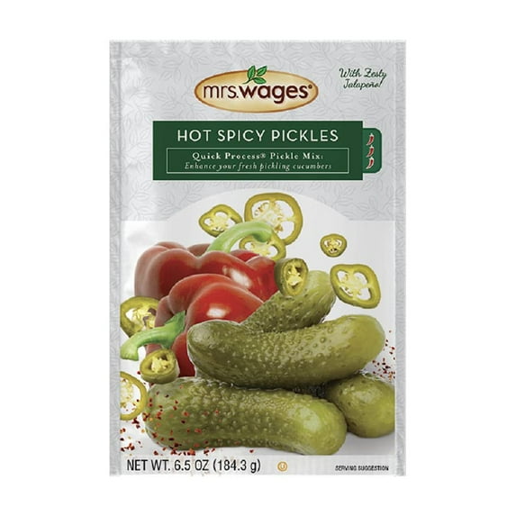 Mrs. Wages Hot Spicy Pickles Quick Process Mix | Simple-to-Use |Easy Way to Make Pickles | Zesty Jalapeno Pepper Flavor | 6.5 oz Packet