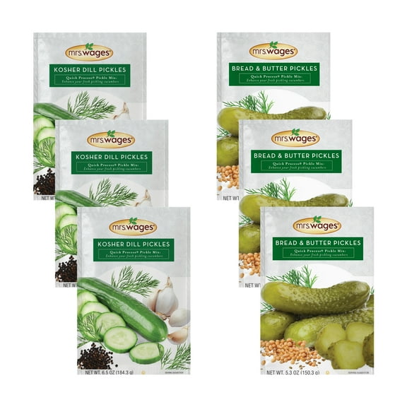 Mrs. Wages Pickling Mix Variety Pack, 3 Kosher Dill and 3 Bread & Butter Pickle Seasoning Mixes, Quick Pickling and Canning Supplies for Homemade Pickles
