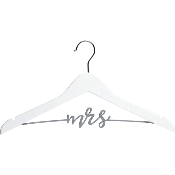 Mrs. Wedding Dress Hanger, Wooden Bridal Gown Hanger with Cursive Wire Lettering, Wedding Photo Prop and Bridal Keepsake, White and Silver