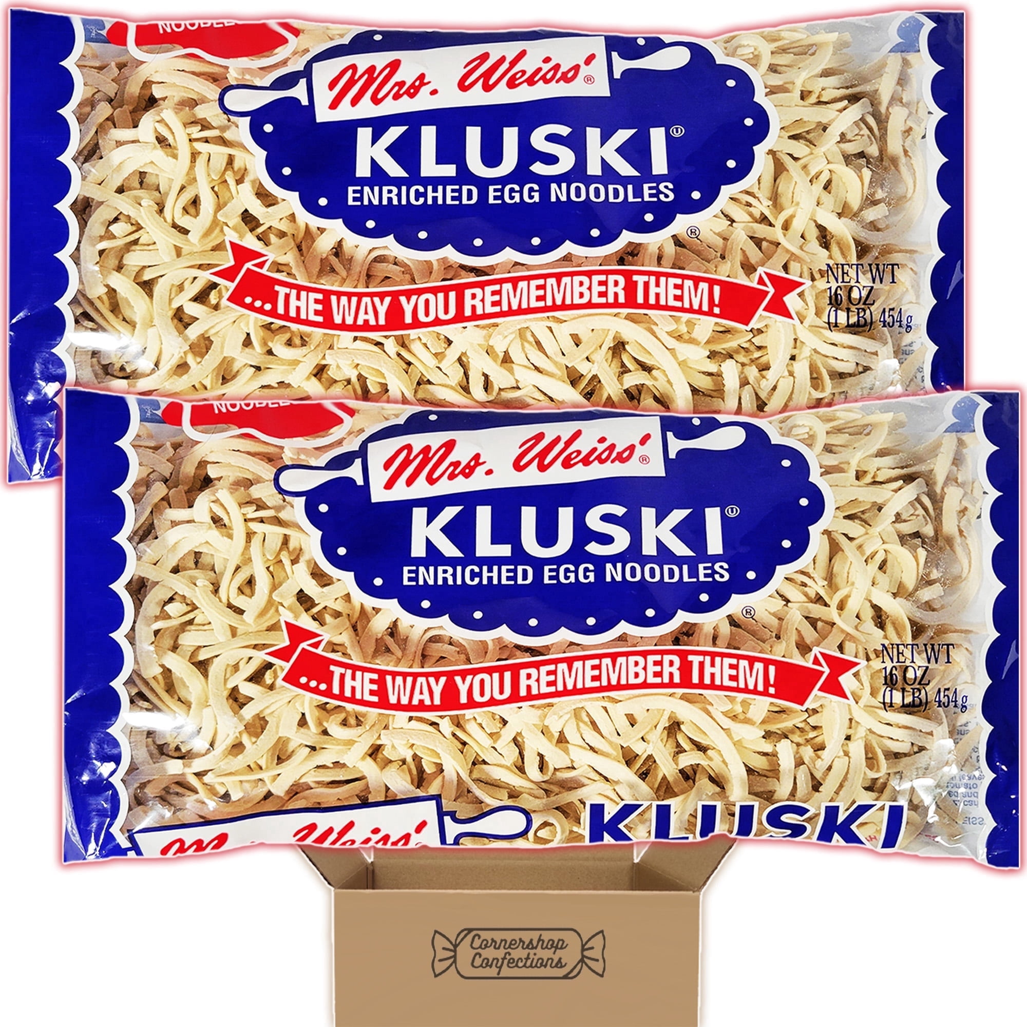 Mrs. Weiss' Kluski Enriched Egg Noodles Bundle Pack - 2 Individually Sealed 16 Ounce Bags - Egg Dumpling Noodles - For Soups, Casseroles, Stews, Ramen and Much More in Cornershop Confections Pack