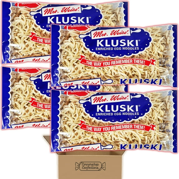 Mrs. Weiss' Kluski Enriched Egg Noodles Bundle Pack - 4 Individually Sealed 16 Ounce Bags - Egg Dumpling Noodles - For Soups, Casseroles, Stews, Ramen and Much More in Cornershop Confections Pack