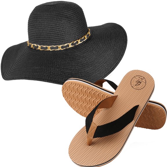 Mrs. Wickman Women's Floppy Straw Sun Hat and Foam Flip Flop Sandals Set US Women's Shoe Sizes 7-10