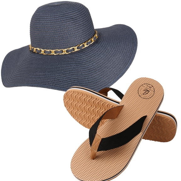 Mrs. Wickman Women's Floppy Straw Sun Hat and Foam Flip Flop Sandals Set US Women's Shoe Sizes 7-10