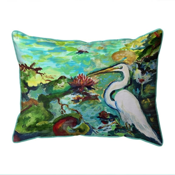 Betsy Drake Interiors Egret  & Waterlilies Small Indoor/Outdoor Pillow 11x14