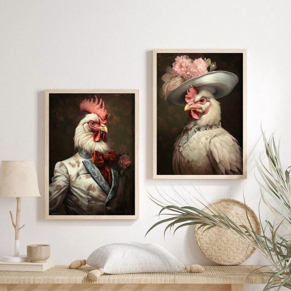 Mrs. and Mr. Chicken Vintage Portrait, Funny Gift for Couples, Renaissance Animal Portrait, Animal Funny Poster, Altered Art Print, Poster Only
