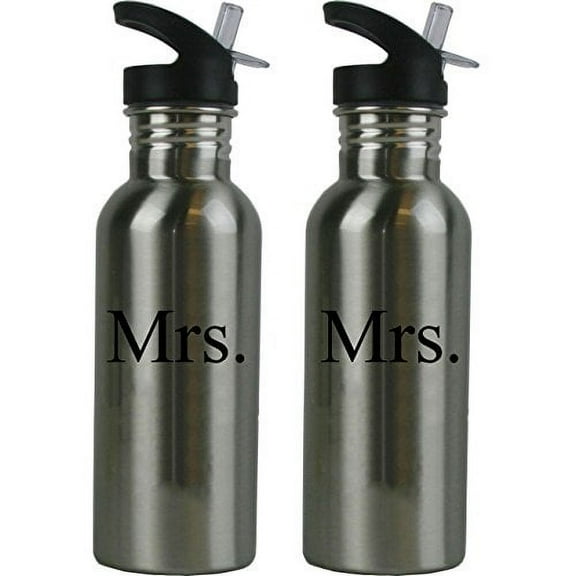 Mrs. and Mrs. Stainless Steel Water Bottle Wedding Set with Straw Flip Tops 20 Ounce 600ml Sport Water Bottles