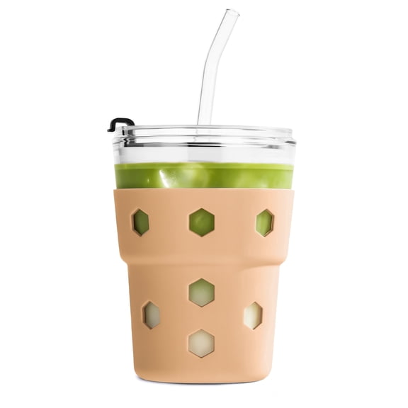 Mrsdry 12oz Iced Coffee Cup with Lids and Silicone Sleeves, Leakproof Glass Tumbler with Straw Fits Car Cup Holder for Cold and Hot Drinks