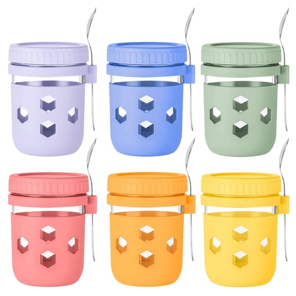 Mrsdry Glass Overnight Oats Jars with Silicone Sleeves, 6-Pack 16 oz Spoons & Airtight Lids, Meal Prep Containers for Yogurt & Chia Pudding