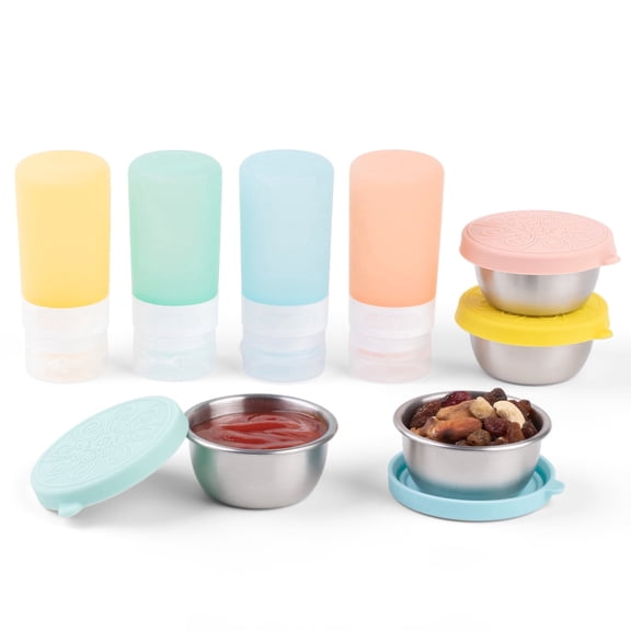 Mrsdry 8-Pack Salad Dressing Container To Go, 2-oz Silicone Condiment Squeeze Bottles and 1.6 oz Stainless Steel Sauce Containers Cups for Lunch Box