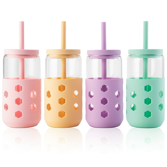 Mrsdry Glass Cups with Silicone Lids and Straws (4 Pcs), 16oz Drinking Glasses Set with Silicone Sleeves for Coffee Bar Accessories Iced Coffee Cups with Lids, Glass Tumbler Reusable for Gifts
