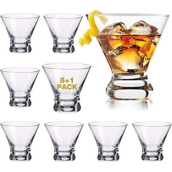 Mrtini Glsses Set of 9(Buy 8, 1 Free), Crystl Cocktil 8 Ounces, Hnd Blown Stemless for Br, Mrtini, Cosmopolitn, Mnhttn, Gimlet, Pisco Sour Brndy