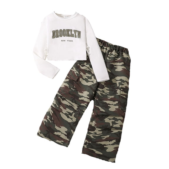 Mrzhqd Fall Winter Girls Outfits Size 8-9 Years Camouflage Crew Neck Long Sleeve Letter Print Fashion Cute Shirts And Pants Girl Clothing Set