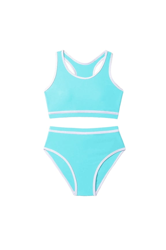 Girls Two Pieces Swimsuit Set Solid Color Comfortable Casual Crew Neck Sleeveless Mint Green Bikini Top Bottom Summer Beach Girls Bathing Suit Size 8-9 Years