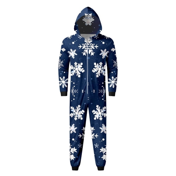 Mrzhqd Matching Christmas Pajamas For Family Men Christmas Pajamas Long Sleeve Snowflake Print Onesie With Hooded Fall Winter Sleepwear,Blue,Size L