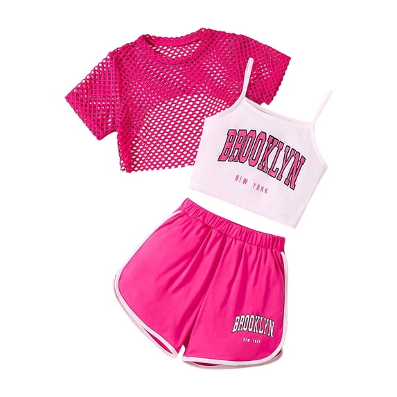 Mrzhqd Summer Girls Outfits Size 9-10 Years Pink Crew Neck Short Sleeve Letter Print Lightweight Casual Shirts And Shorts Girl Clothing Set