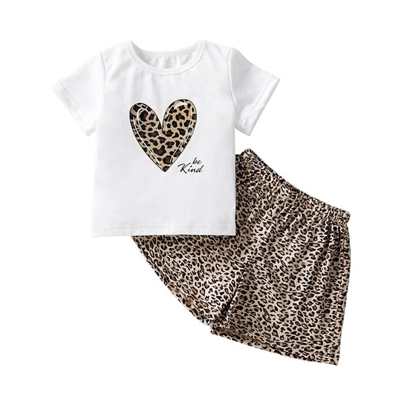 Mrzhqd Toddler Girls Outfit Size 3-4 Years White Crew Neck Short Sleeve Leopard Love Heart Print Lightweight Fashion Tops And Shorts Summer Girl Outfit Set