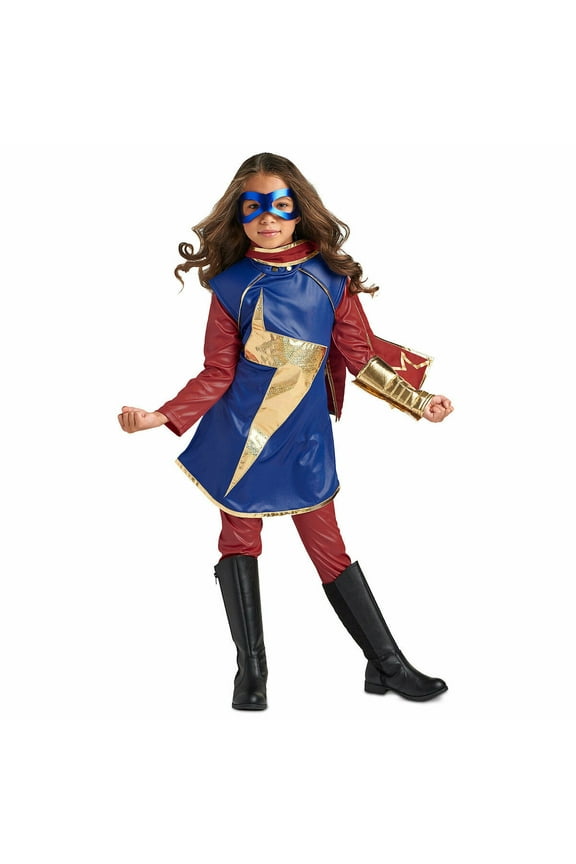Ms Marvel Captain Marvel Costume with Metallic Gold Emblem (Girls)
