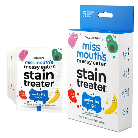 Miss Mouth's Messy Eater Stain Treater Wipes for Baby & Kids, 5 Pack, Newborn & Baby Essentials, Stain Remover for Food, Grease, Coffee & More, Gentle on Laundry, Fabric & Underwear