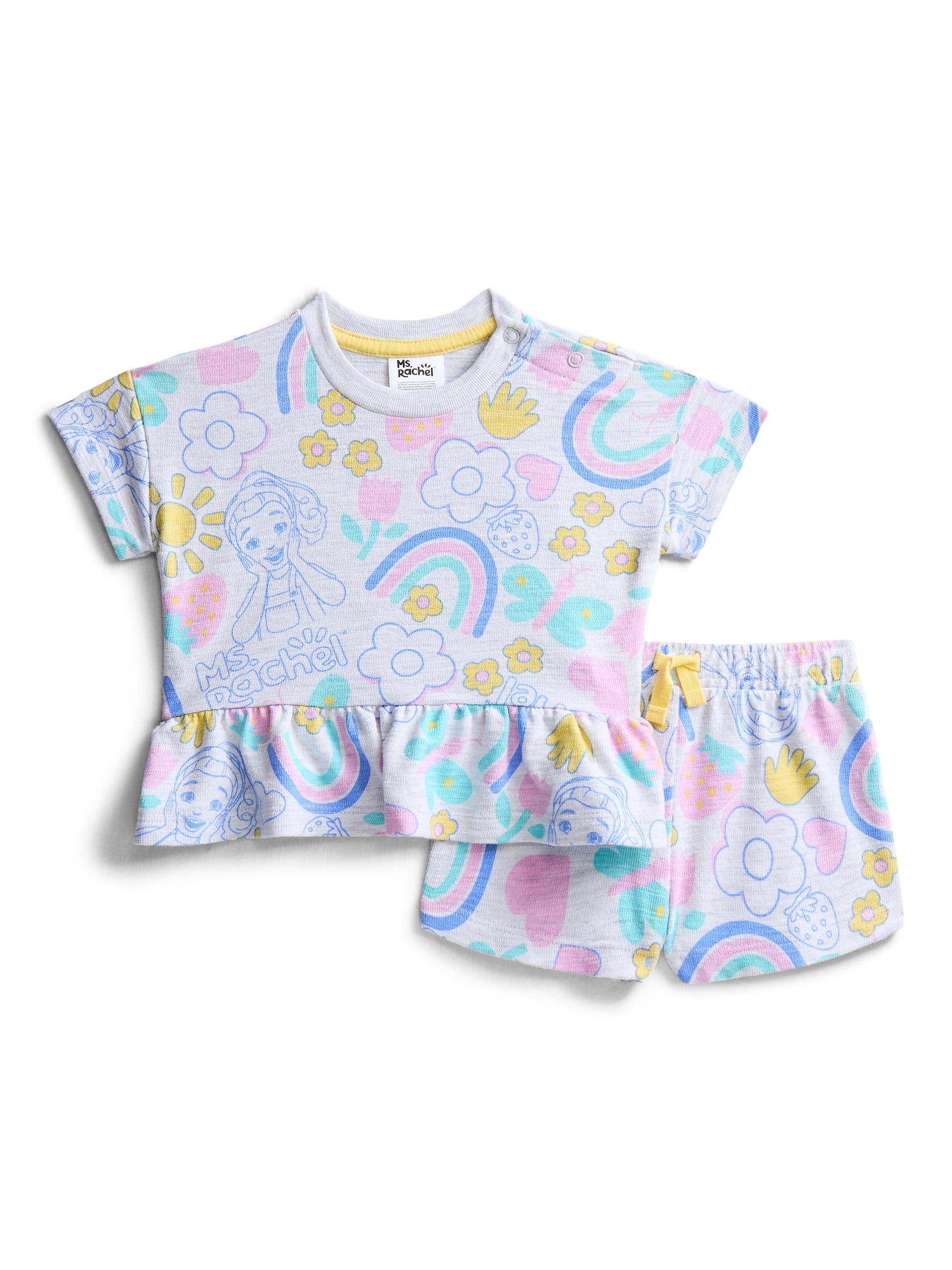 Ms. Rachel Baby Girls' Allover Print Short Sleeve Tee and Matching Shorts Set, 2-Piece, 0/2M-6/9M