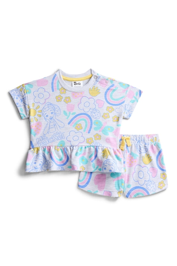 Ms. Rachel Baby Girls Allover Print Short Sleeve Tee and Matching Shorts Set, 2-Piece, 0/2M-6/9M