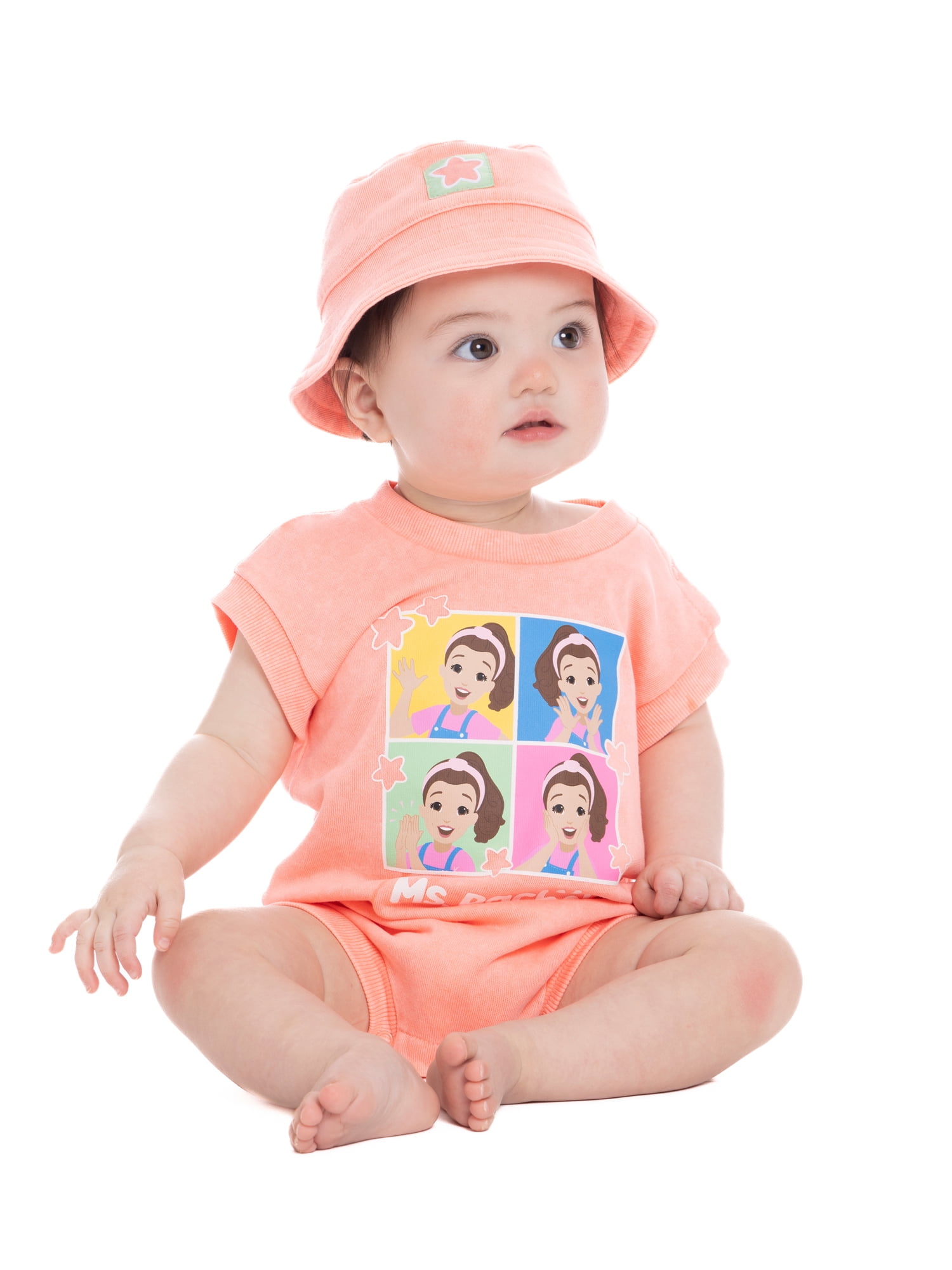 Ms. Rachel Baby Girls Graphic Romper and Bucket Hat Set, 2-Piece, Sizes 0/3M-24M