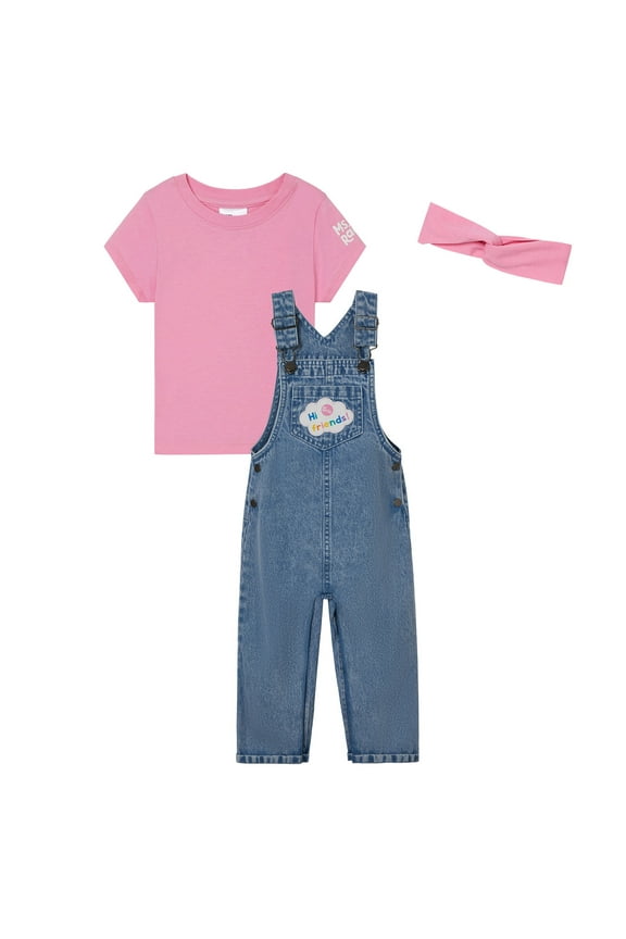 Denim Square Neck Vintage Wash Cosplay Overall, T-Shirt and Headband 3 Piece Outfit Set Infant to Toddler