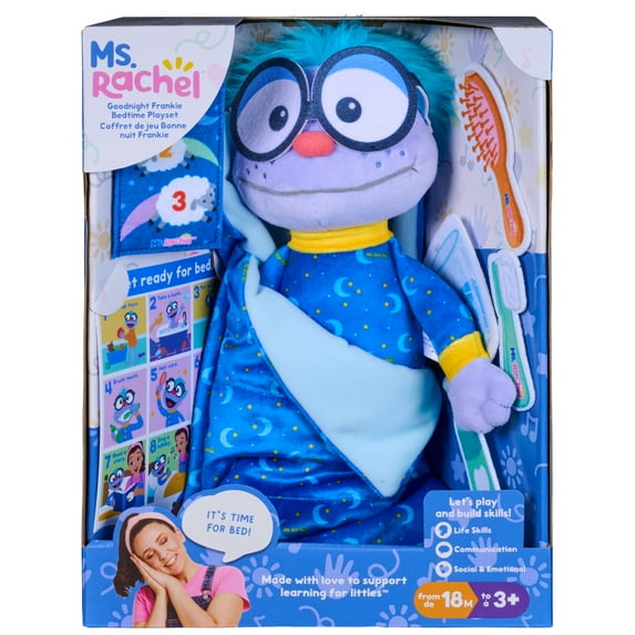 Ms. Rachel Goodnight Frankie Bedtime Playset, 11” Plush with Sleeping Bag & Accessories