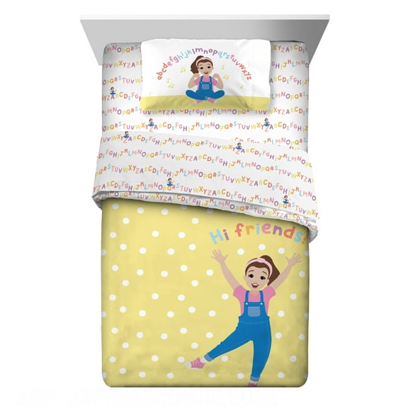 Ms. Rachel Kids 4 Piece Yellow White Polka Dot Reversible Comforter, Bed in a Bag, Twin