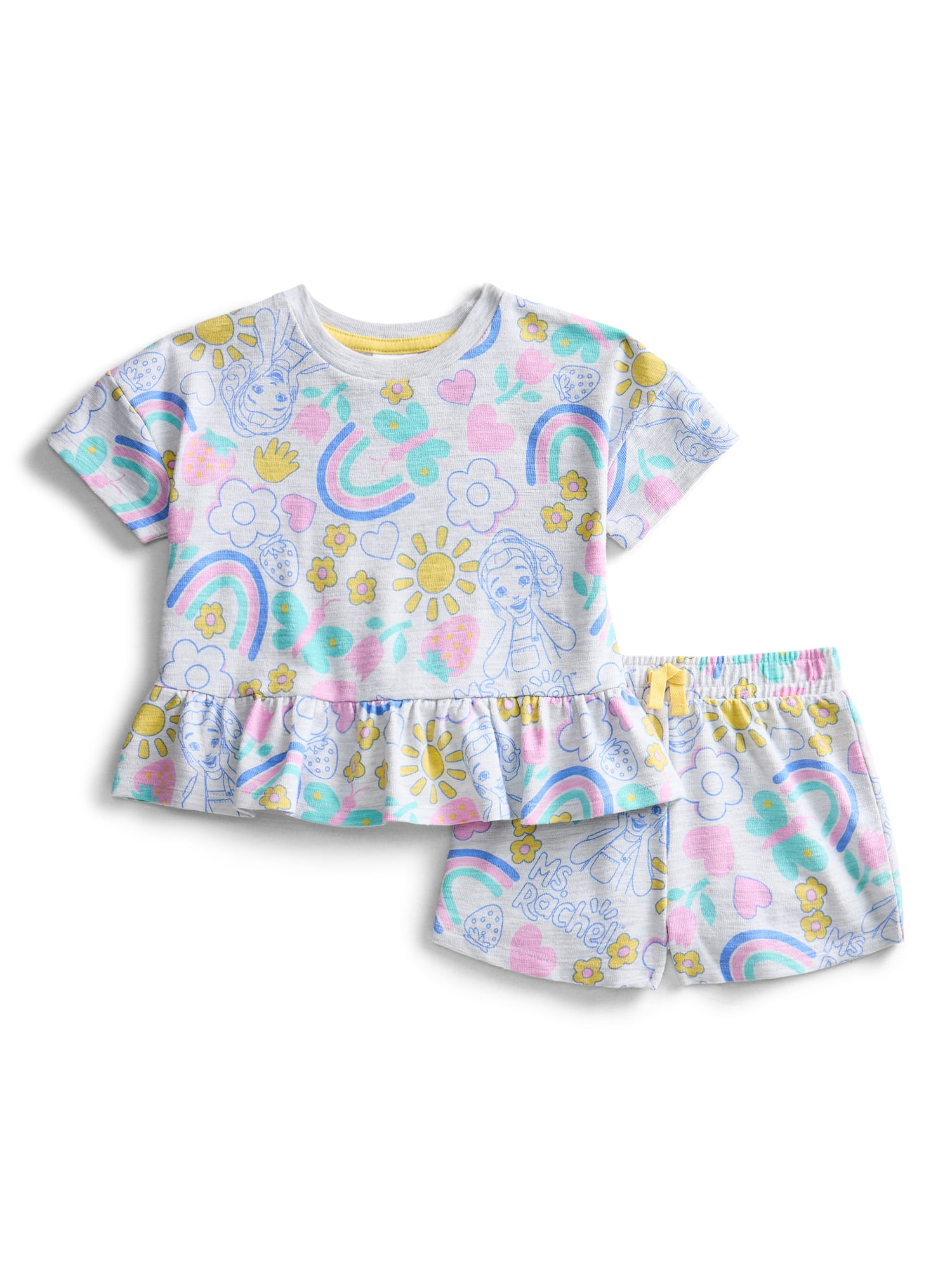Ms. Rachel Toddler Girls' Short Sleeve Graphic Tee and Matching Ruffle Shorts Set, 2-Piece, Sizes 12M-5T