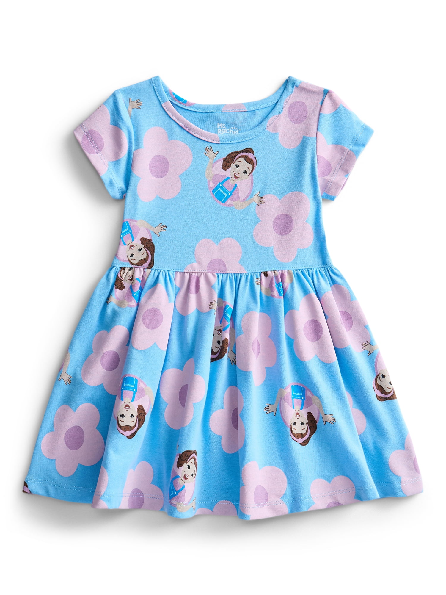 Ms. Rachel Toddler Girl Allover Print Dress with Short Sleeves, Sizes 12M-5T
