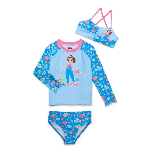 Character Toddler Girl Rash Guard and Bikini Swimsuit Set, 3-Piece, Sizes 12M-5T