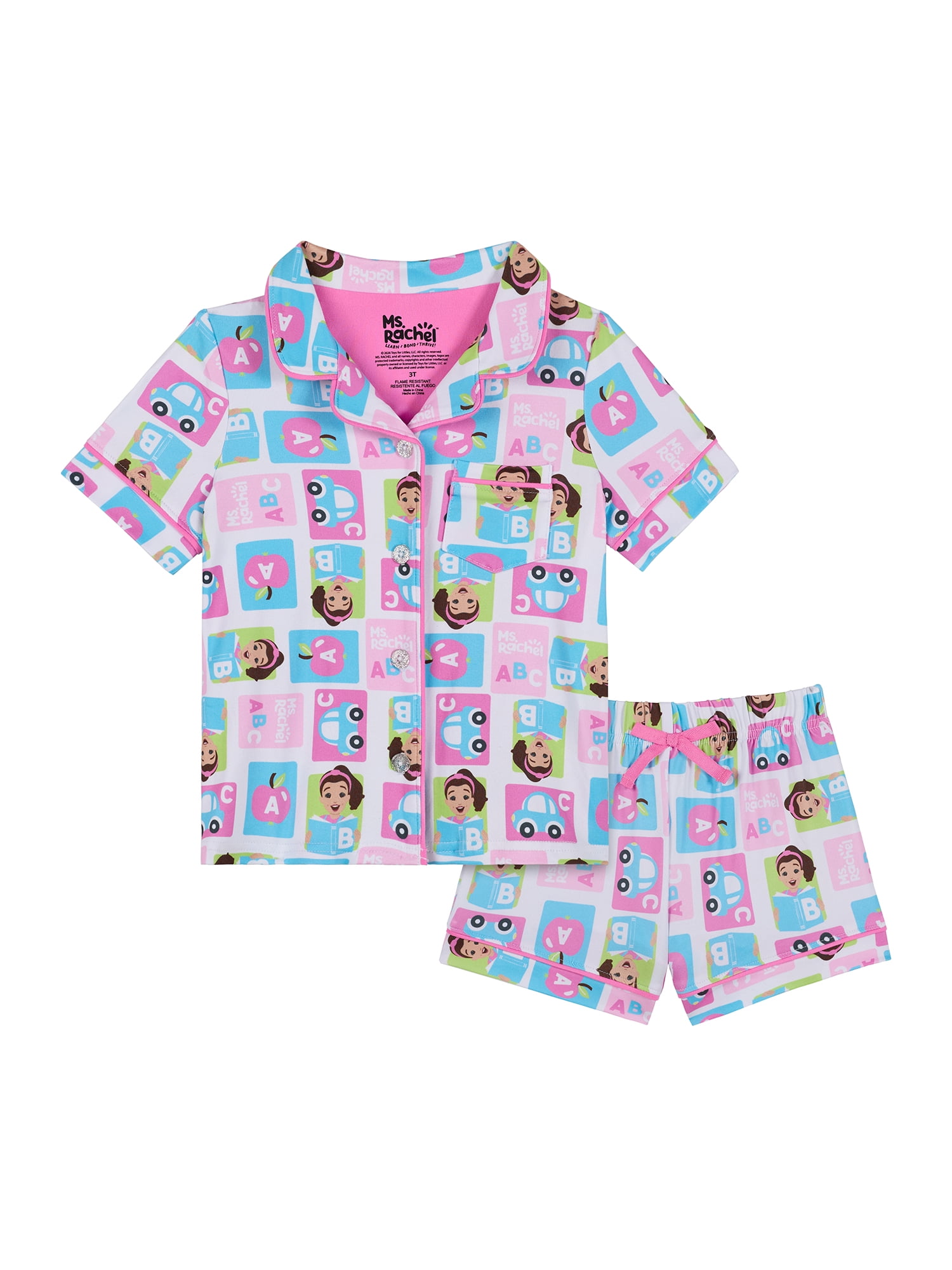 Ms Rachel Toddler Girls Short Sleeve Button Front Top and Sleep Shorts, 2-Piece, Sizes 2T-5T