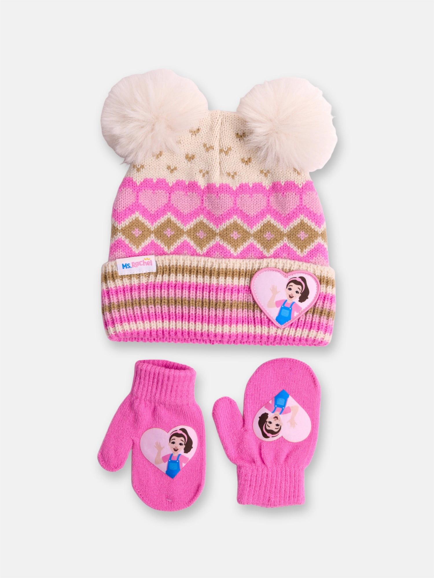 Ms. Rachel Toddler Unisex Ribbed Knit Pom Beanie and Gloves Set, 2 Piece